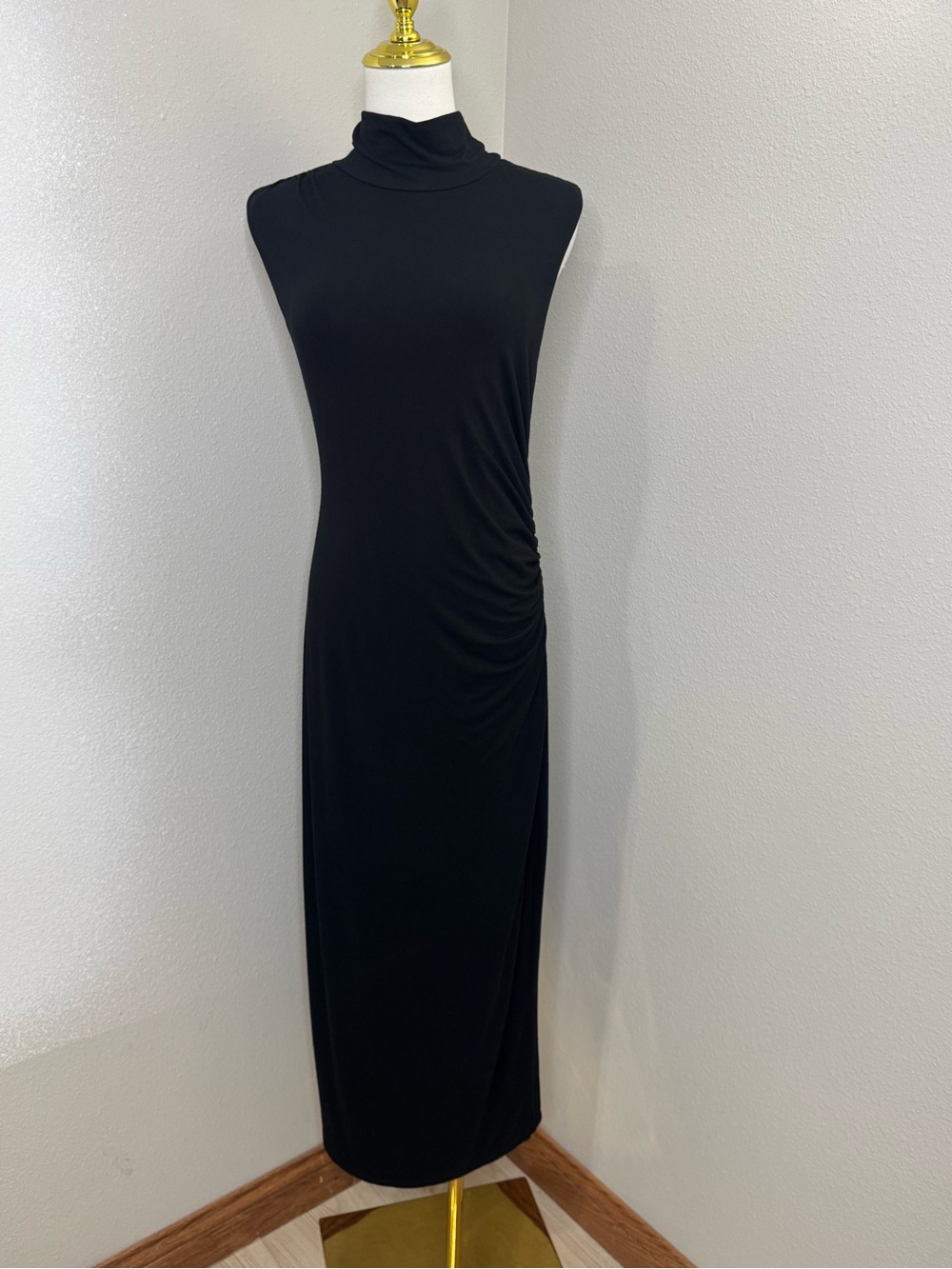 Good American Black Ruched Mock Neck Midi DressSleeveless Bodycon size 4 =XL